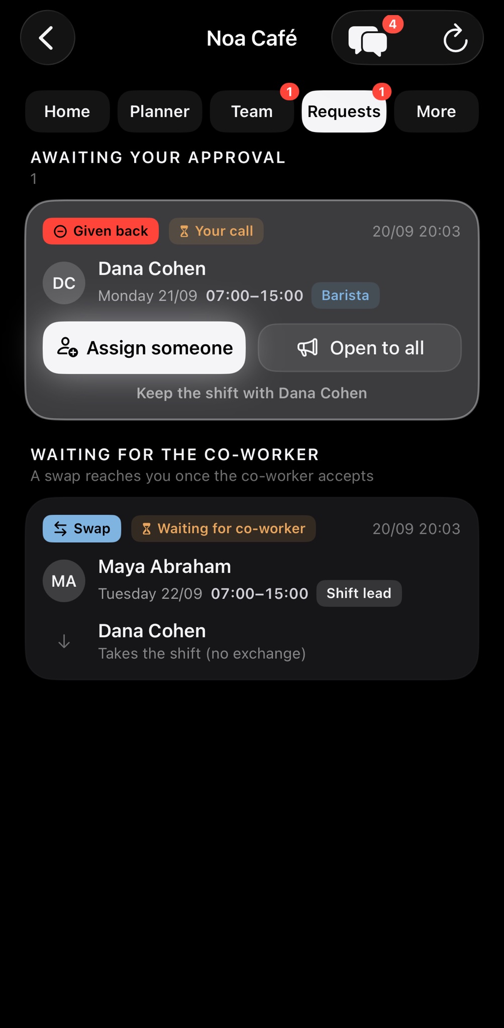 The requests screen: a shift swap waiting for approval.